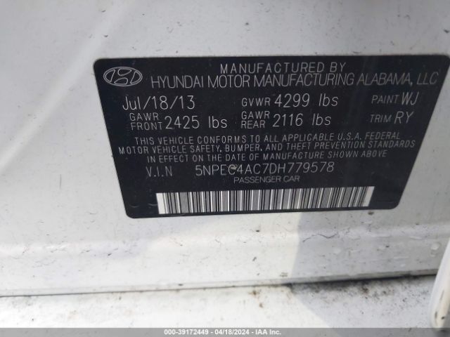 Photo 8 VIN: 5NPEC4AC7DH779578 - HYUNDAI SONATA 