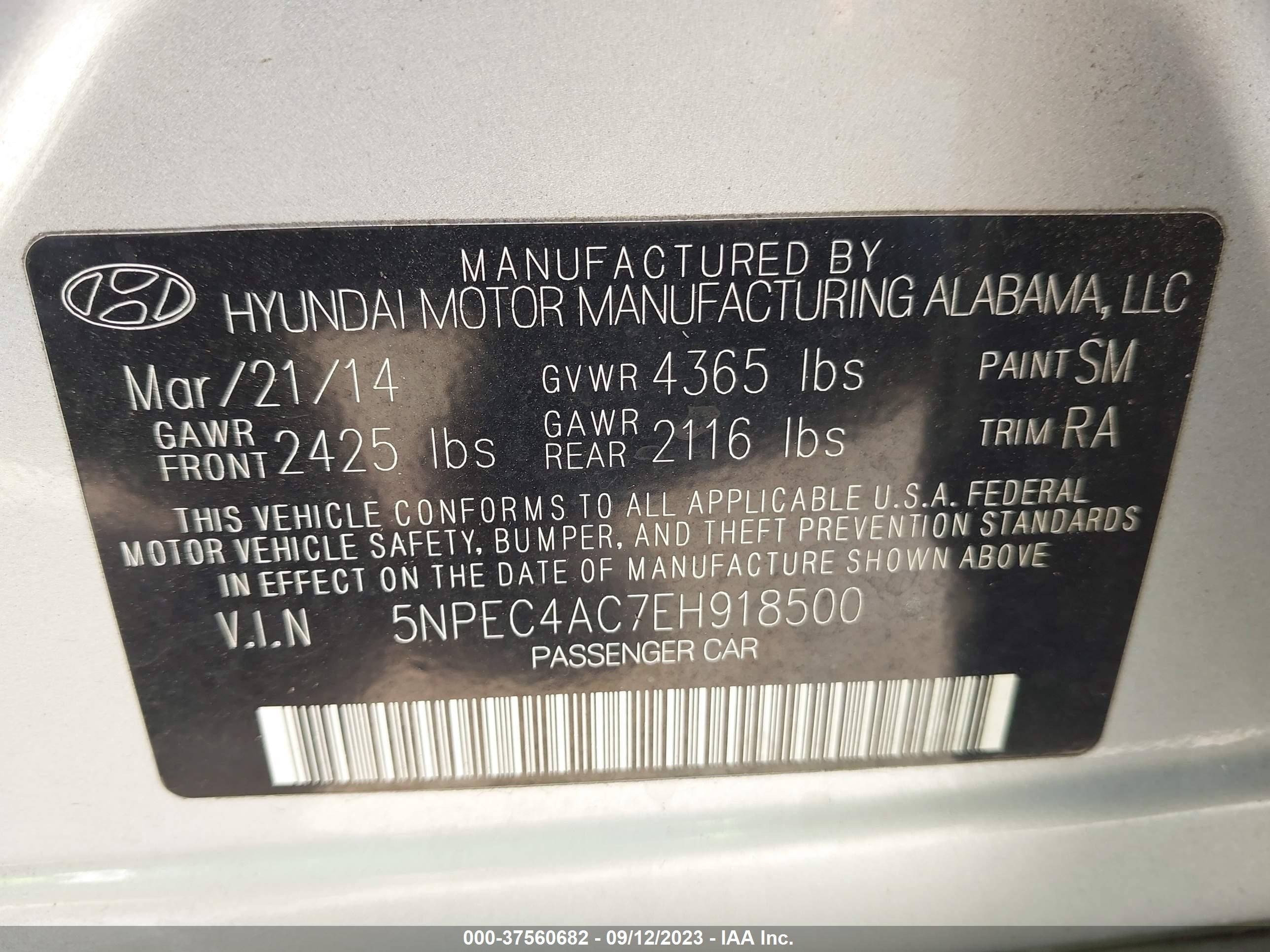 Photo 8 VIN: 5NPEC4AC7EH918500 - HYUNDAI SONATA 