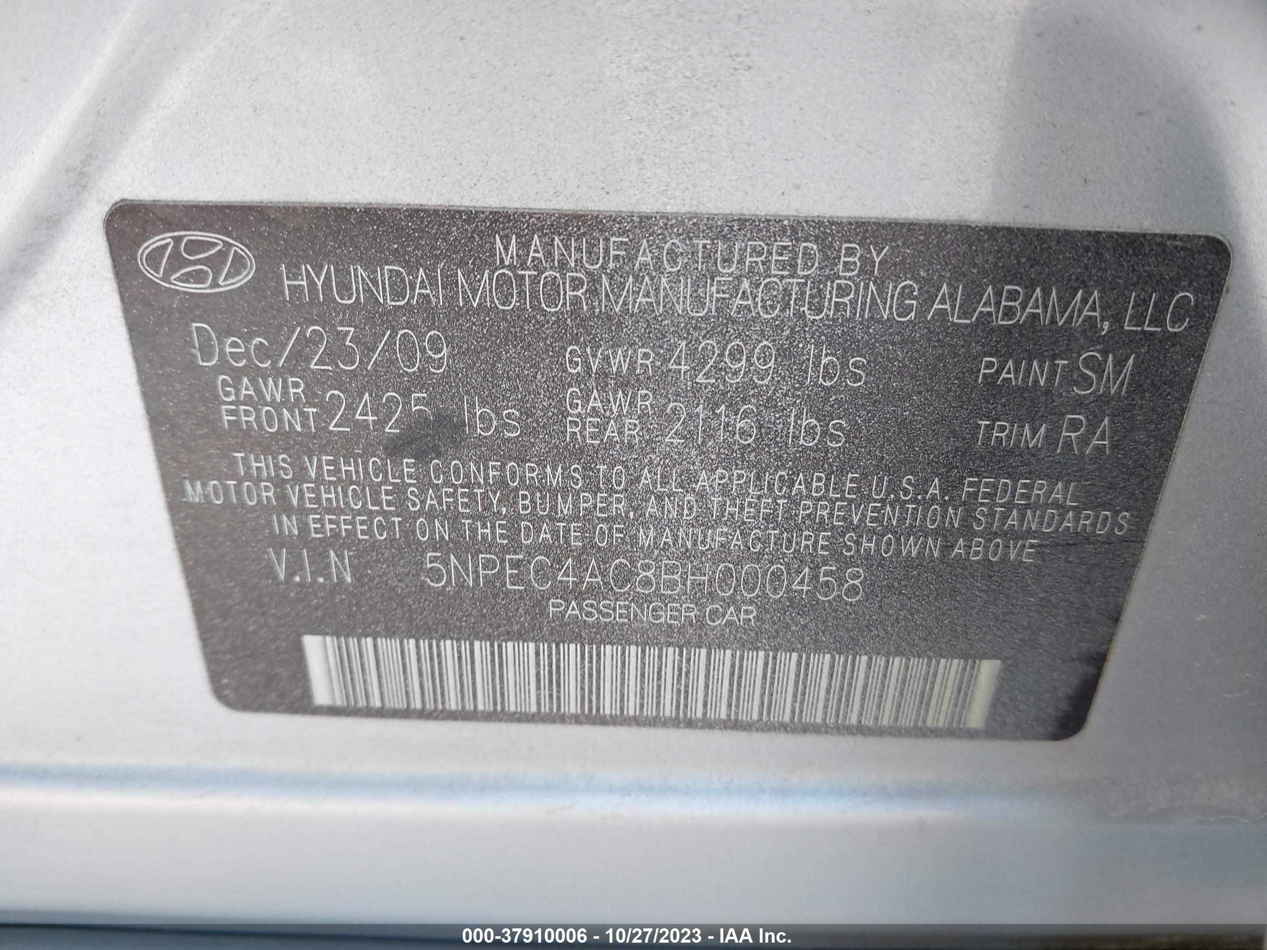 Photo 8 VIN: 5NPEC4AC8BH000458 - HYUNDAI SONATA 