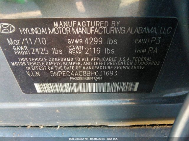 Photo 8 VIN: 5NPEC4AC8BH031693 - HYUNDAI SONATA 