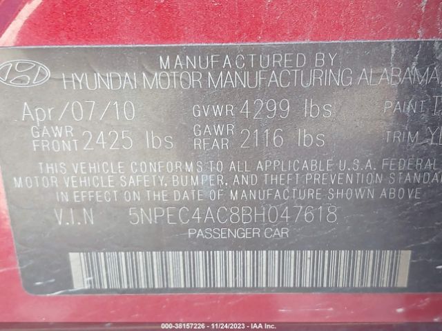 Photo 8 VIN: 5NPEC4AC8BH047618 - HYUNDAI SONATA 