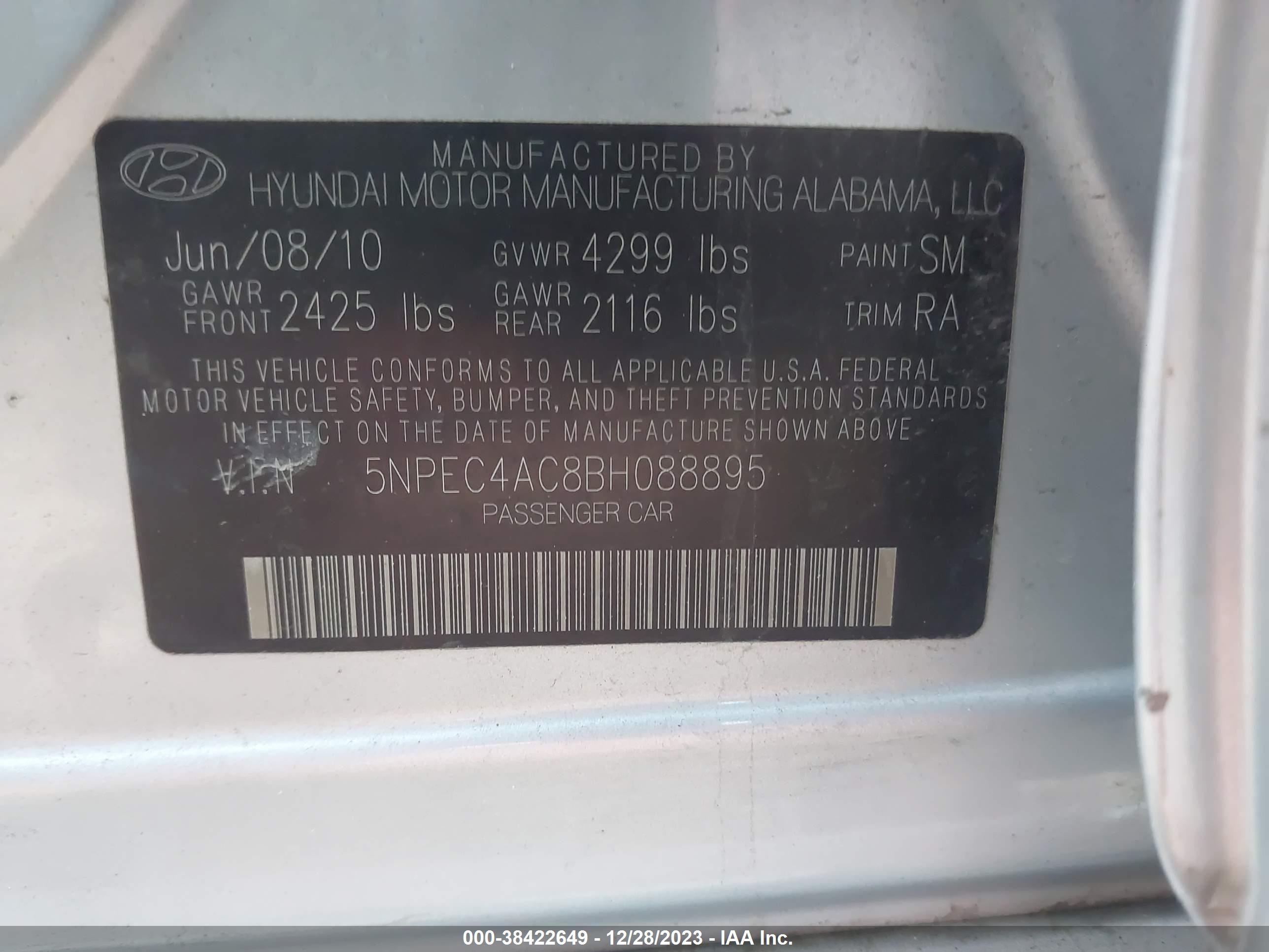 Photo 8 VIN: 5NPEC4AC8BH088895 - HYUNDAI SONATA 