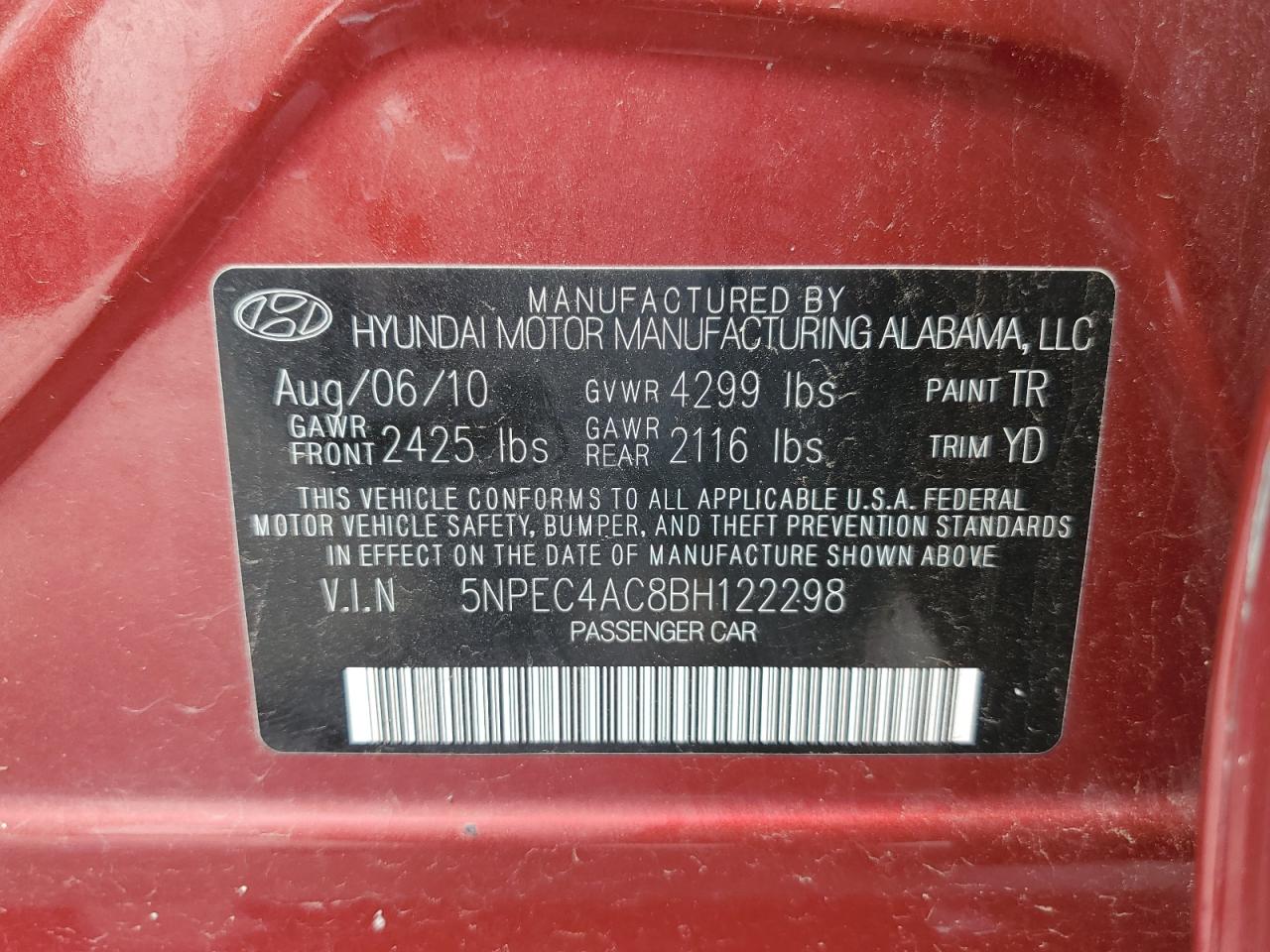 Photo 11 VIN: 5NPEC4AC8BH122298 - HYUNDAI SONATA 