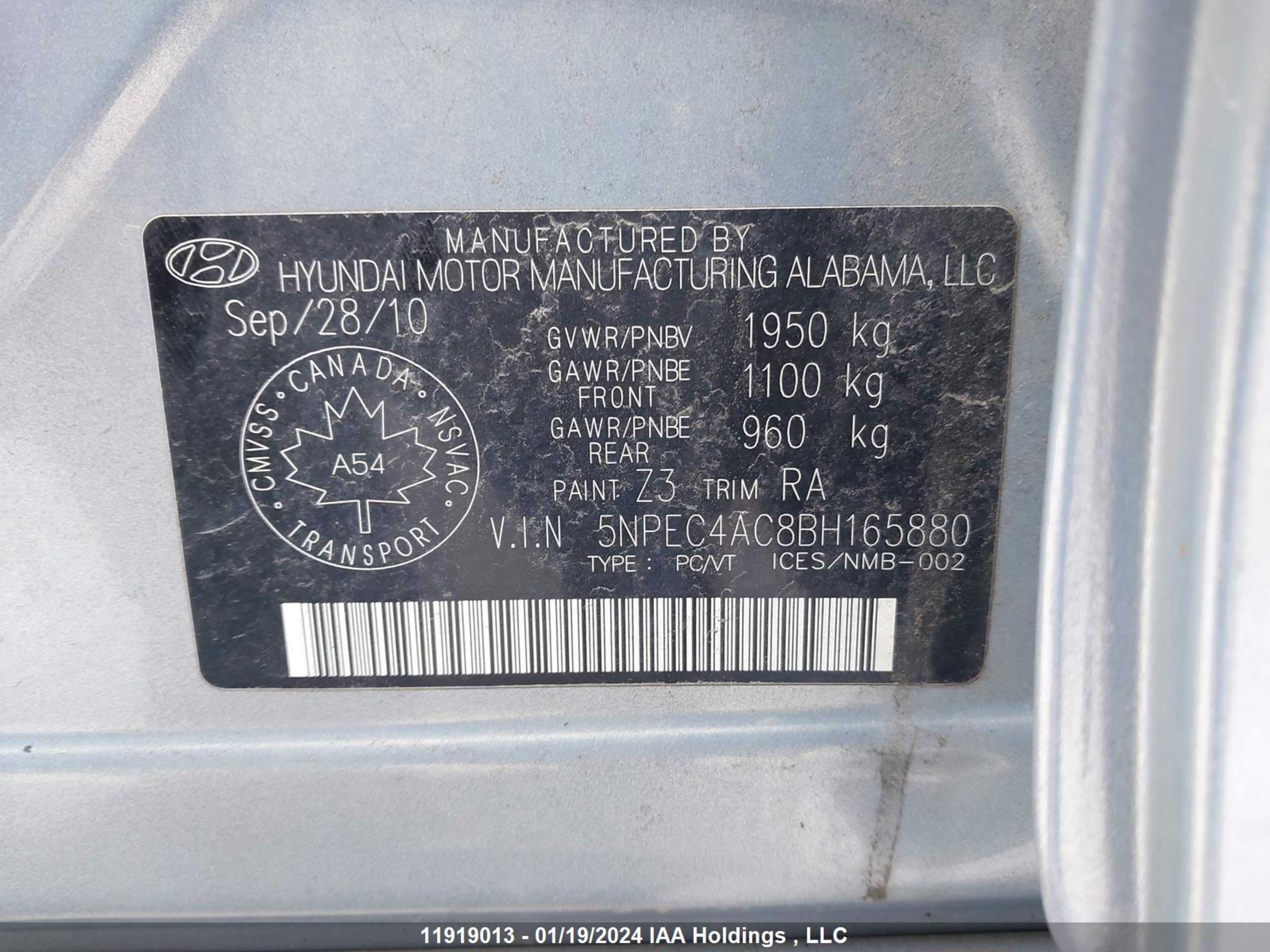 Photo 8 VIN: 5NPEC4AC8BH165880 - HYUNDAI SONATA 