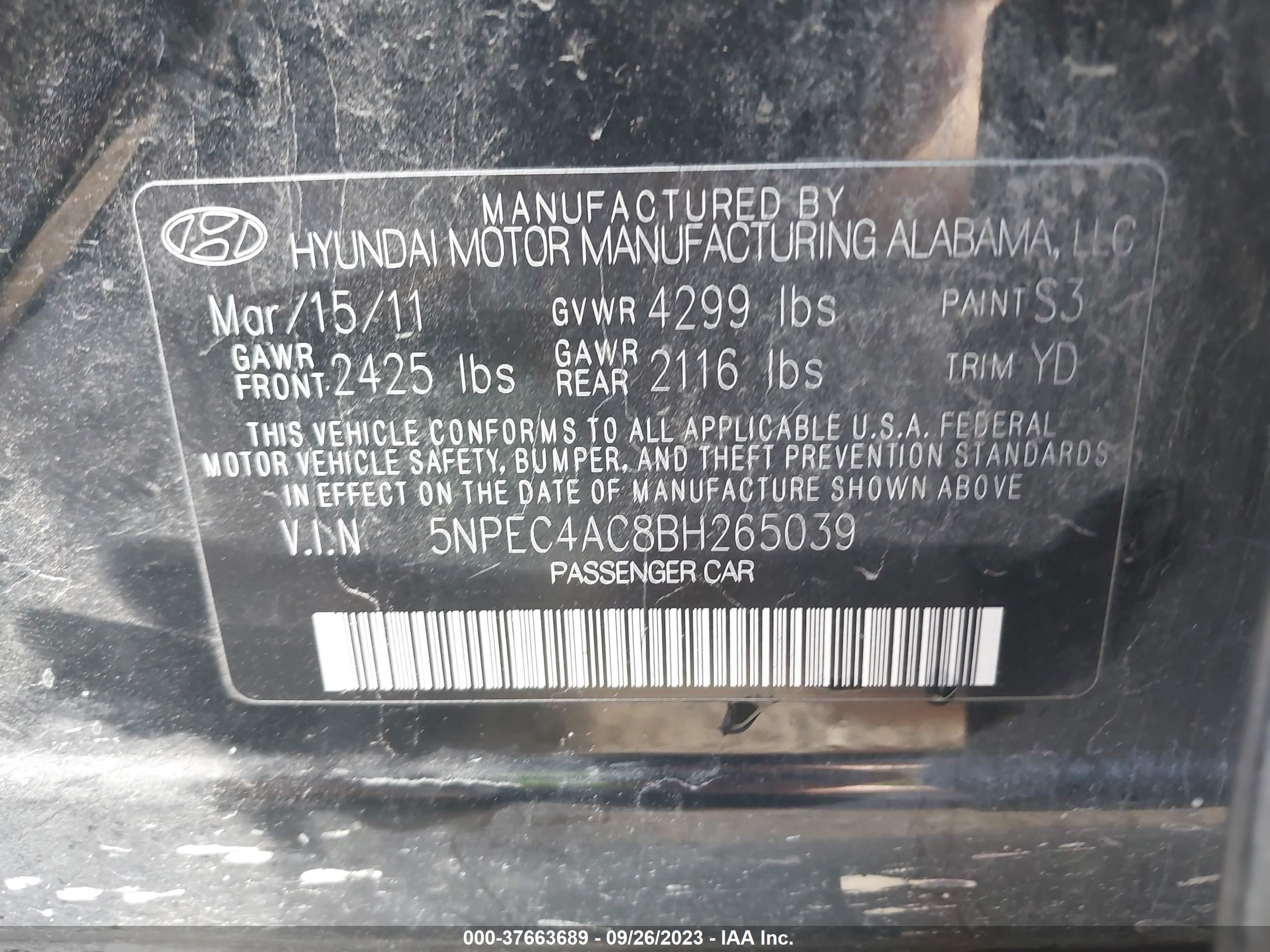 Photo 8 VIN: 5NPEC4AC8BH265039 - HYUNDAI SONATA 