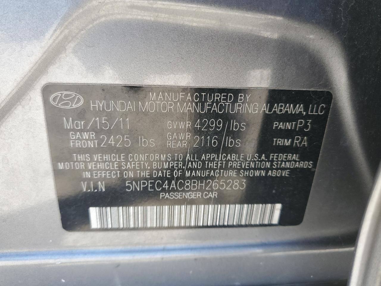 Photo 11 VIN: 5NPEC4AC8BH265283 - HYUNDAI SONATA 