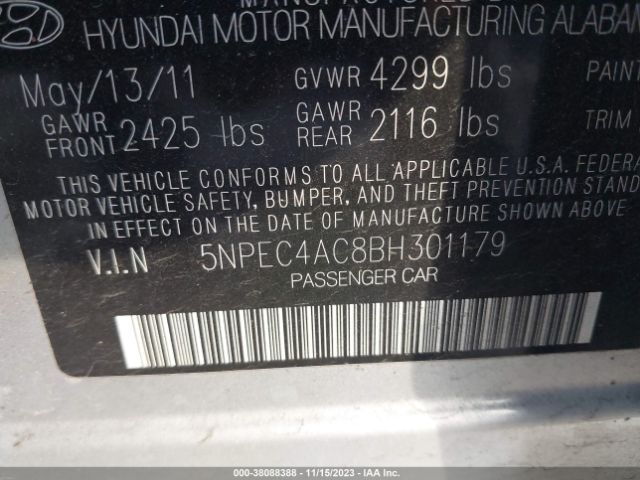 Photo 8 VIN: 5NPEC4AC8BH301179 - HYUNDAI SONATA 