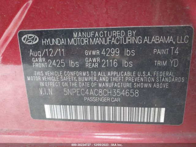 Photo 8 VIN: 5NPEC4AC8CH354658 - HYUNDAI SONATA 