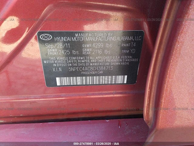 Photo 8 VIN: 5NPEC4AC8CH384713 - HYUNDAI SONATA 