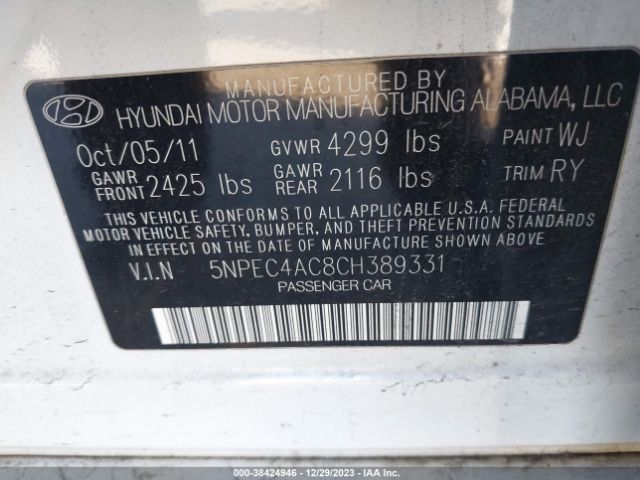 Photo 8 VIN: 5NPEC4AC8CH389331 - HYUNDAI SONATA 