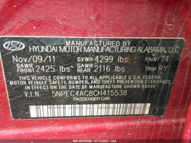 Photo 8 VIN: 5NPEC4AC8CH415538 - HYUNDAI SONATA 