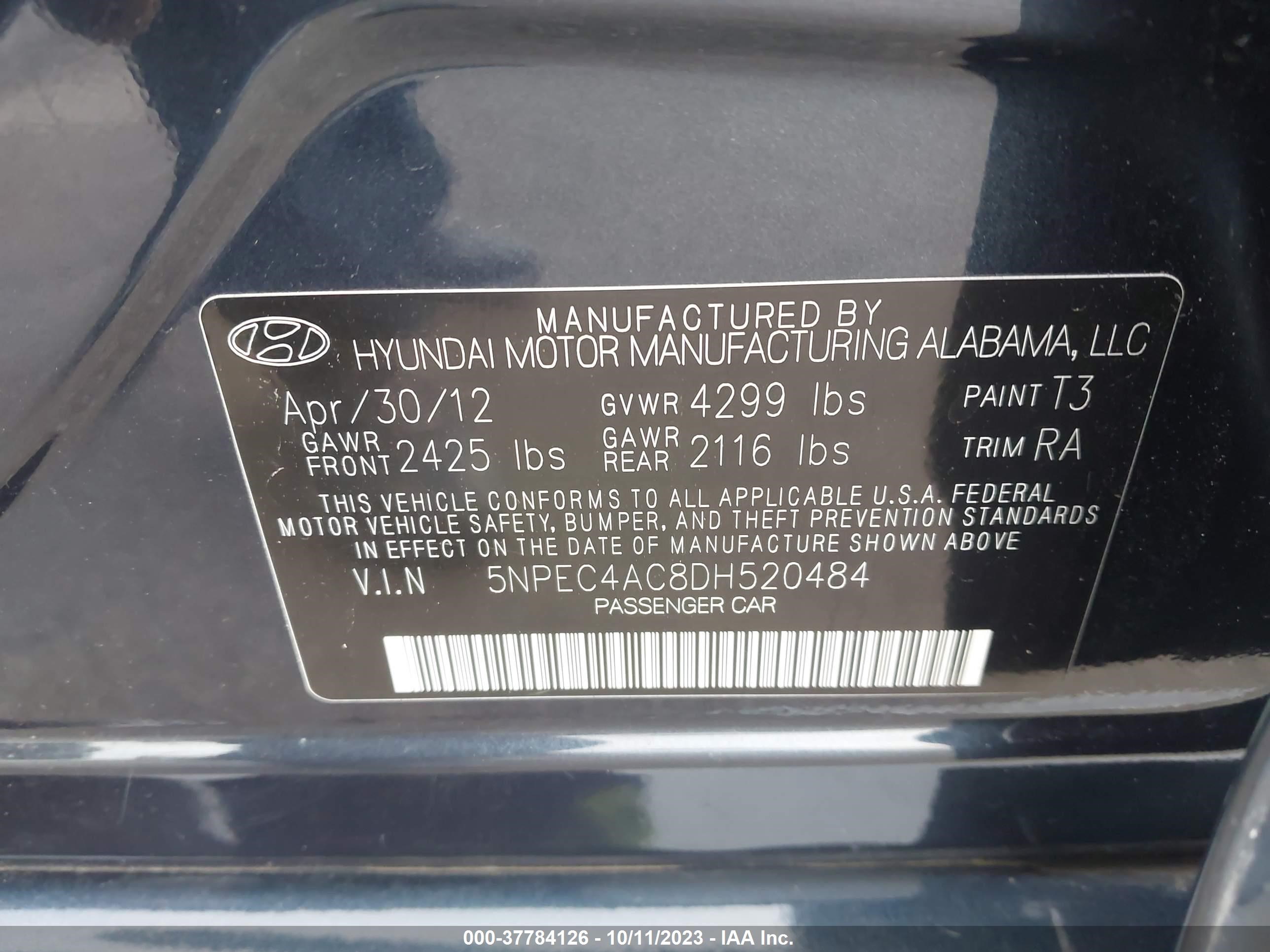 Photo 8 VIN: 5NPEC4AC8DH520484 - HYUNDAI SONATA 