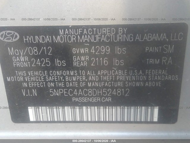 Photo 8 VIN: 5NPEC4AC8DH524812 - HYUNDAI SONATA 