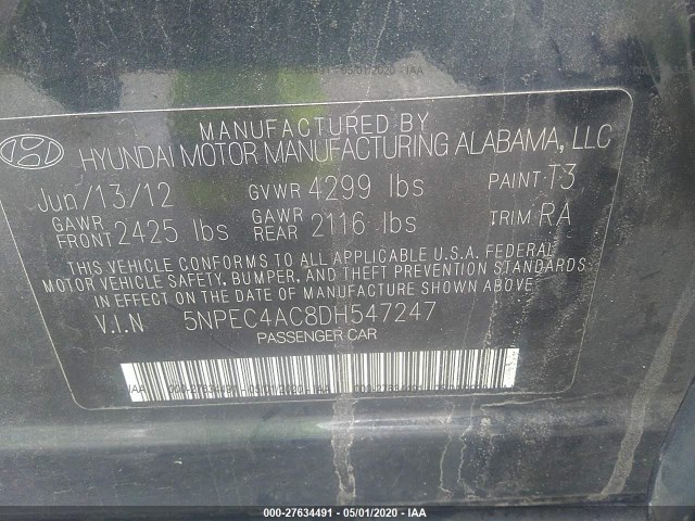 Photo 8 VIN: 5NPEC4AC8DH547247 - HYUNDAI SONATA 