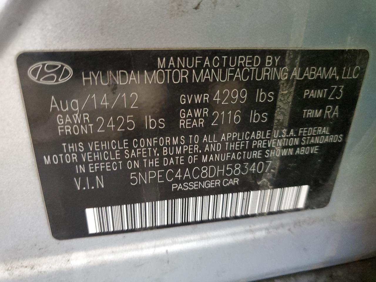 Photo 11 VIN: 5NPEC4AC8DH583407 - HYUNDAI SONATA 