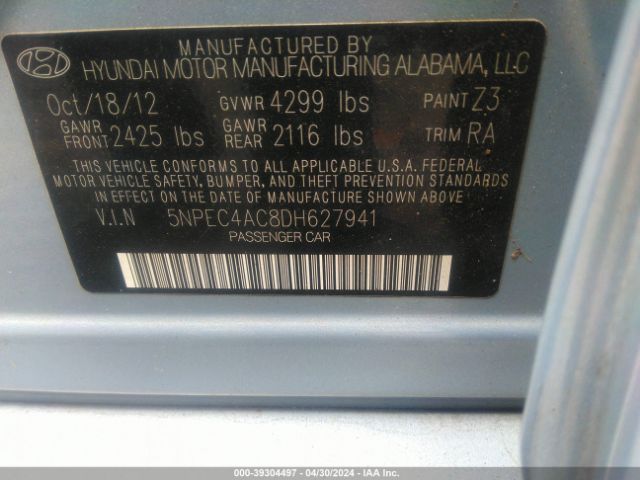 Photo 8 VIN: 5NPEC4AC8DH627941 - HYUNDAI SONATA 