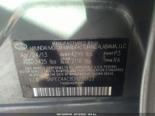 Photo 8 VIN: 5NPEC4AC8DH735122 - HYUNDAI SONATA 