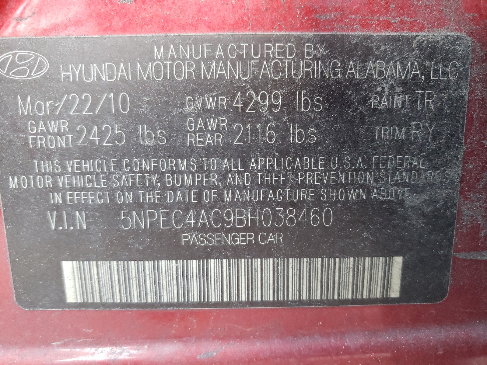 Photo 9 VIN: 5NPEC4AC9BH038460 - HYUNDAI SONATA SE 