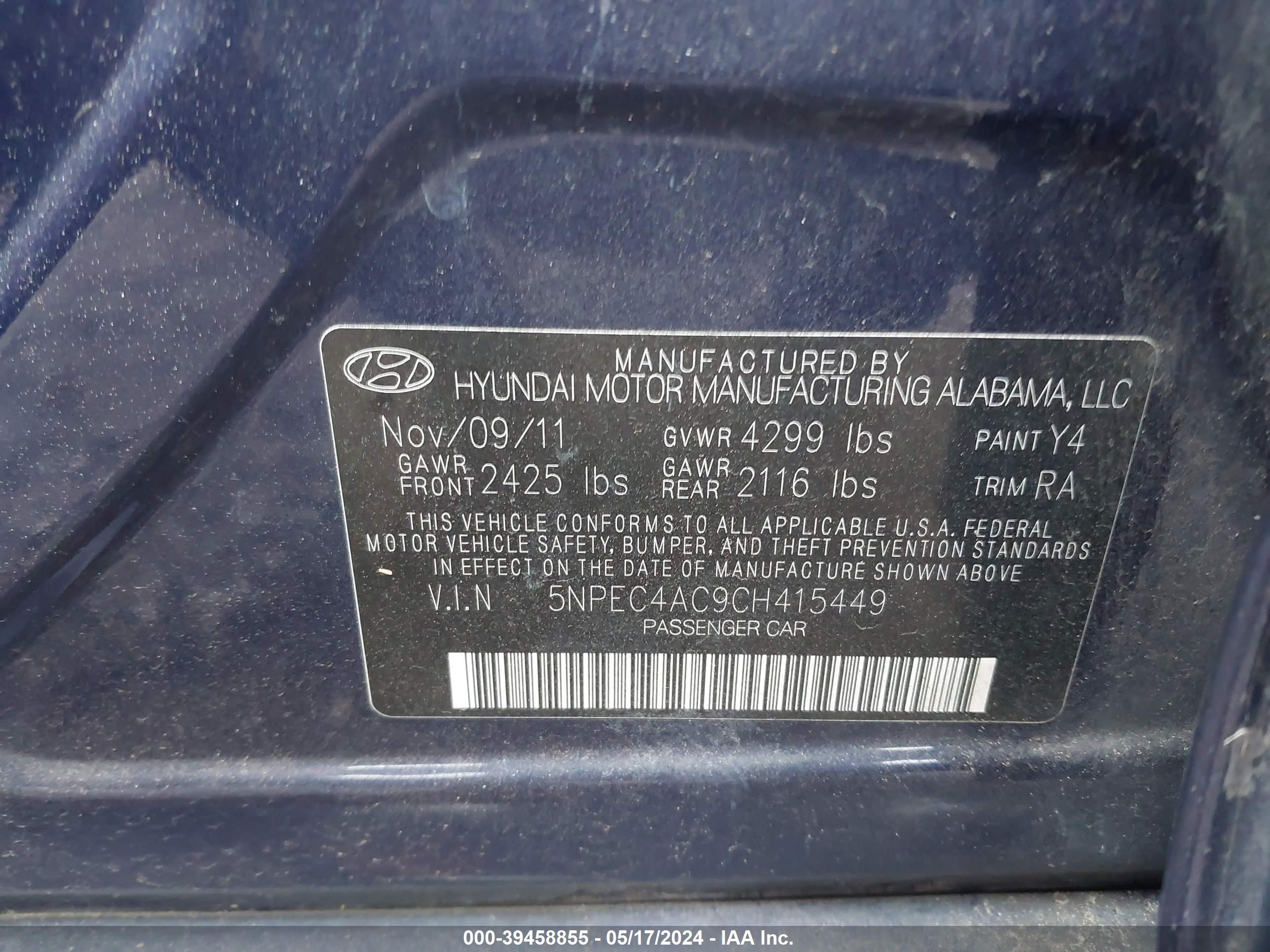 Photo 8 VIN: 5NPEC4AC9CH415449 - HYUNDAI SONATA 