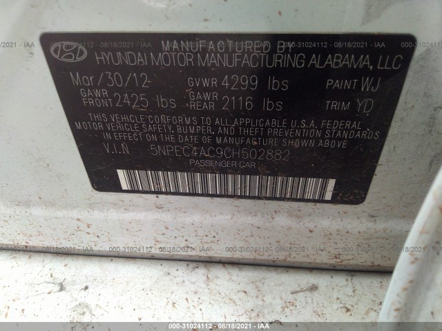 Photo 8 VIN: 5NPEC4AC9CH502882 - HYUNDAI SONATA 