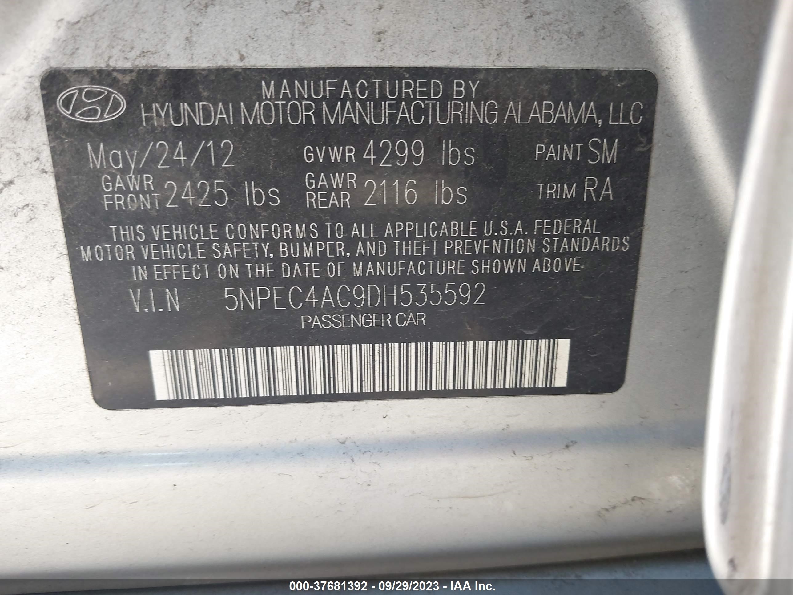 Photo 8 VIN: 5NPEC4AC9DH535592 - HYUNDAI SONATA 