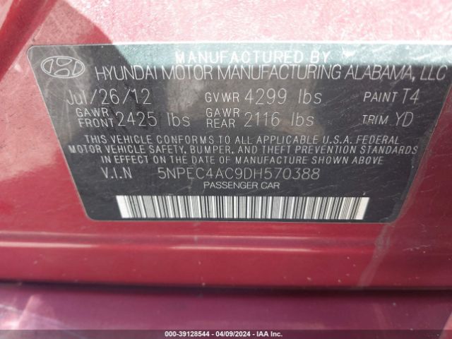 Photo 8 VIN: 5NPEC4AC9DH570388 - HYUNDAI SONATA 