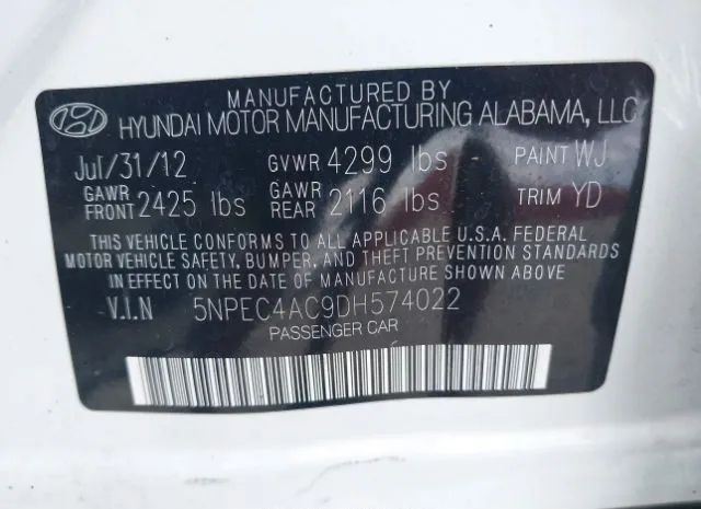 Photo 8 VIN: 5NPEC4AC9DH574022 - HYUNDAI SONATA 