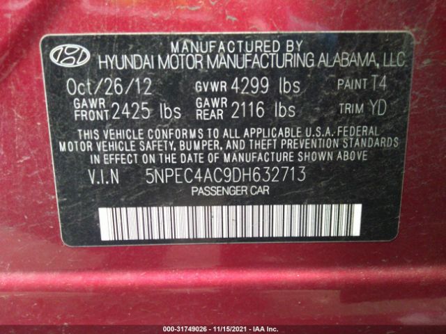 Photo 8 VIN: 5NPEC4AC9DH632713 - HYUNDAI SONATA 