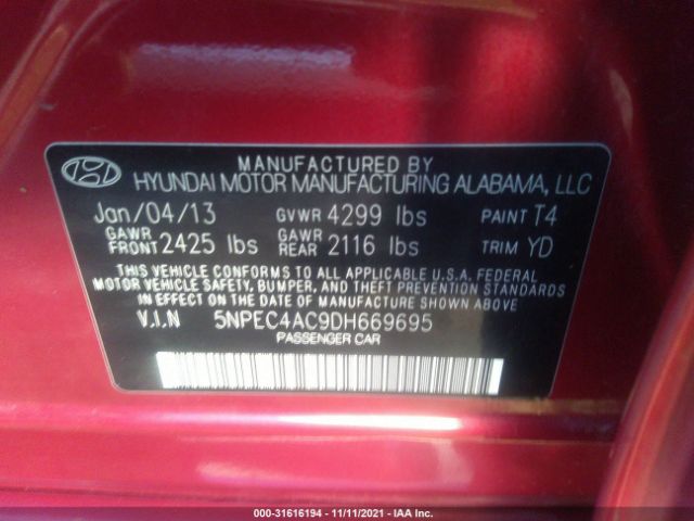 Photo 8 VIN: 5NPEC4AC9DH669695 - HYUNDAI SONATA 