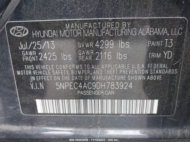 Photo 8 VIN: 5NPEC4AC9DH783924 - HYUNDAI SONATA 