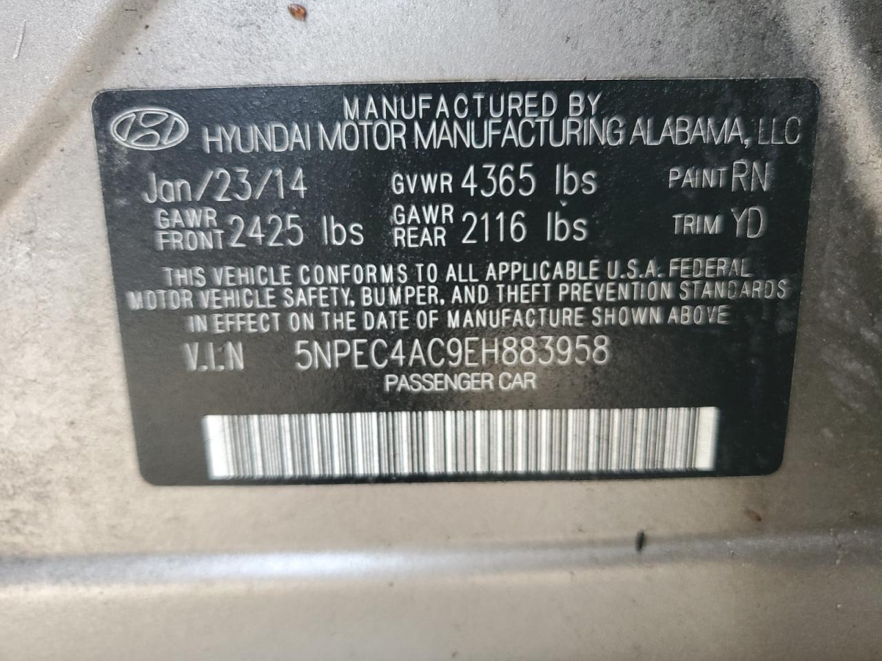 Photo 11 VIN: 5NPEC4AC9EH883958 - HYUNDAI SONATA 