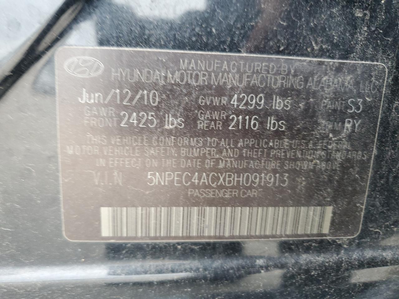 Photo 11 VIN: 5NPEC4ACXBH091913 - HYUNDAI SONATA SE 