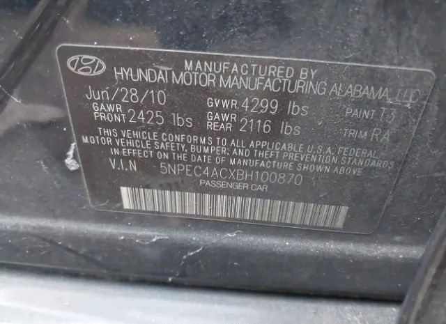 Photo 8 VIN: 5NPEC4ACXBH100870 - HYUNDAI SONATA 