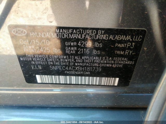 Photo 8 VIN: 5NPEC4ACXBH181739 - HYUNDAI SONATA 