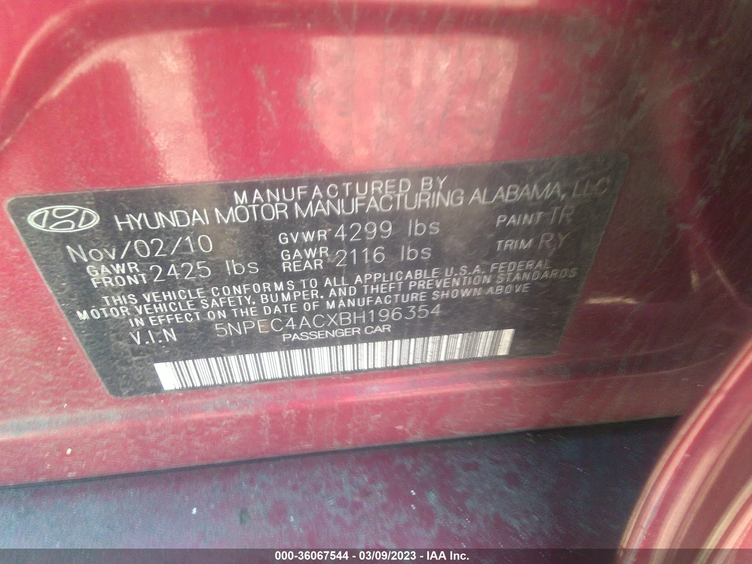 Photo 8 VIN: 5NPEC4ACXBH196354 - HYUNDAI SONATA 