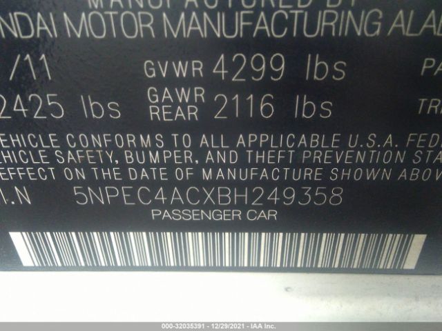 Photo 8 VIN: 5NPEC4ACXBH249358 - HYUNDAI SONATA 