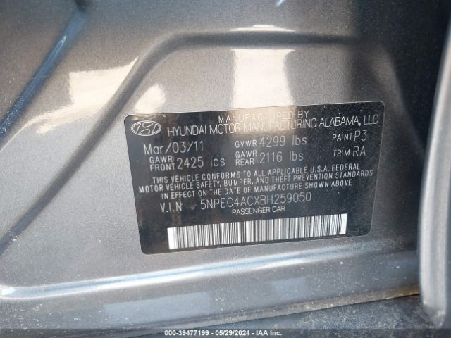 Photo 8 VIN: 5NPEC4ACXBH259050 - HYUNDAI SONATA 