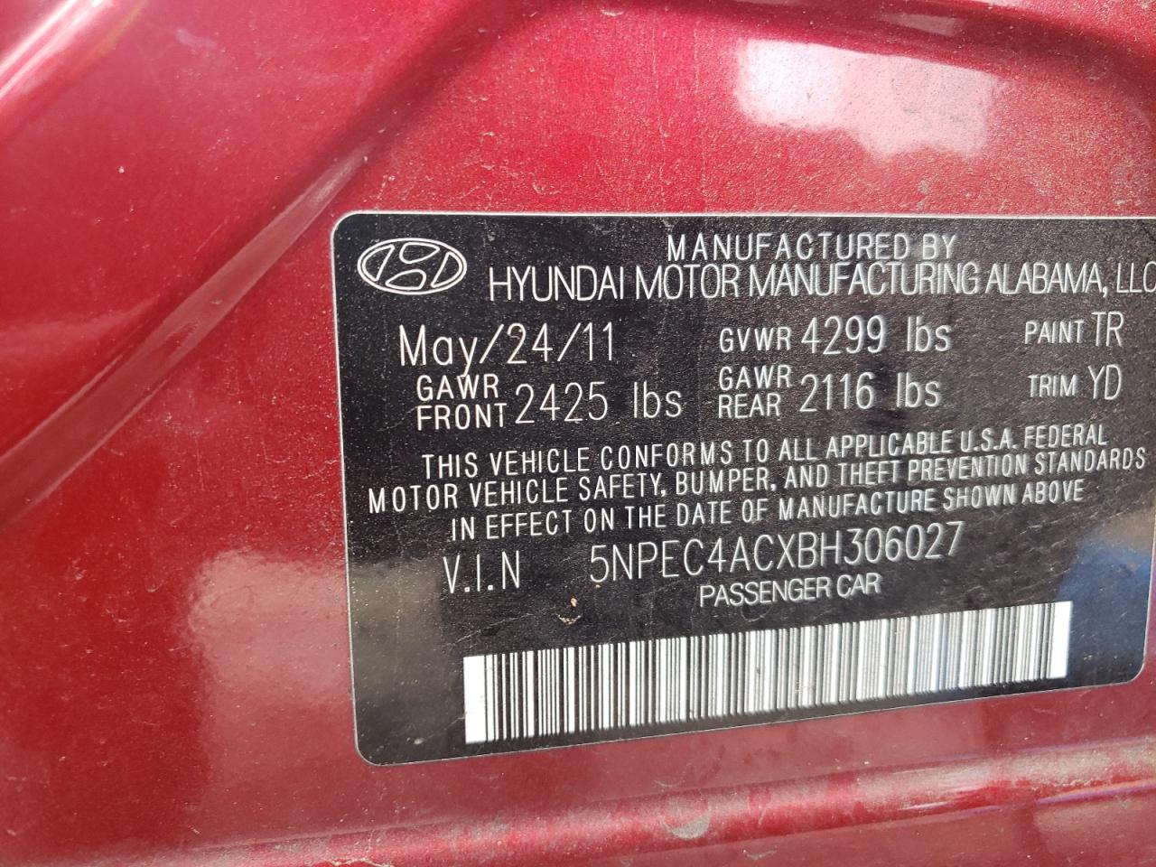 Photo 12 VIN: 5NPEC4ACXBH306027 - HYUNDAI SONATA 