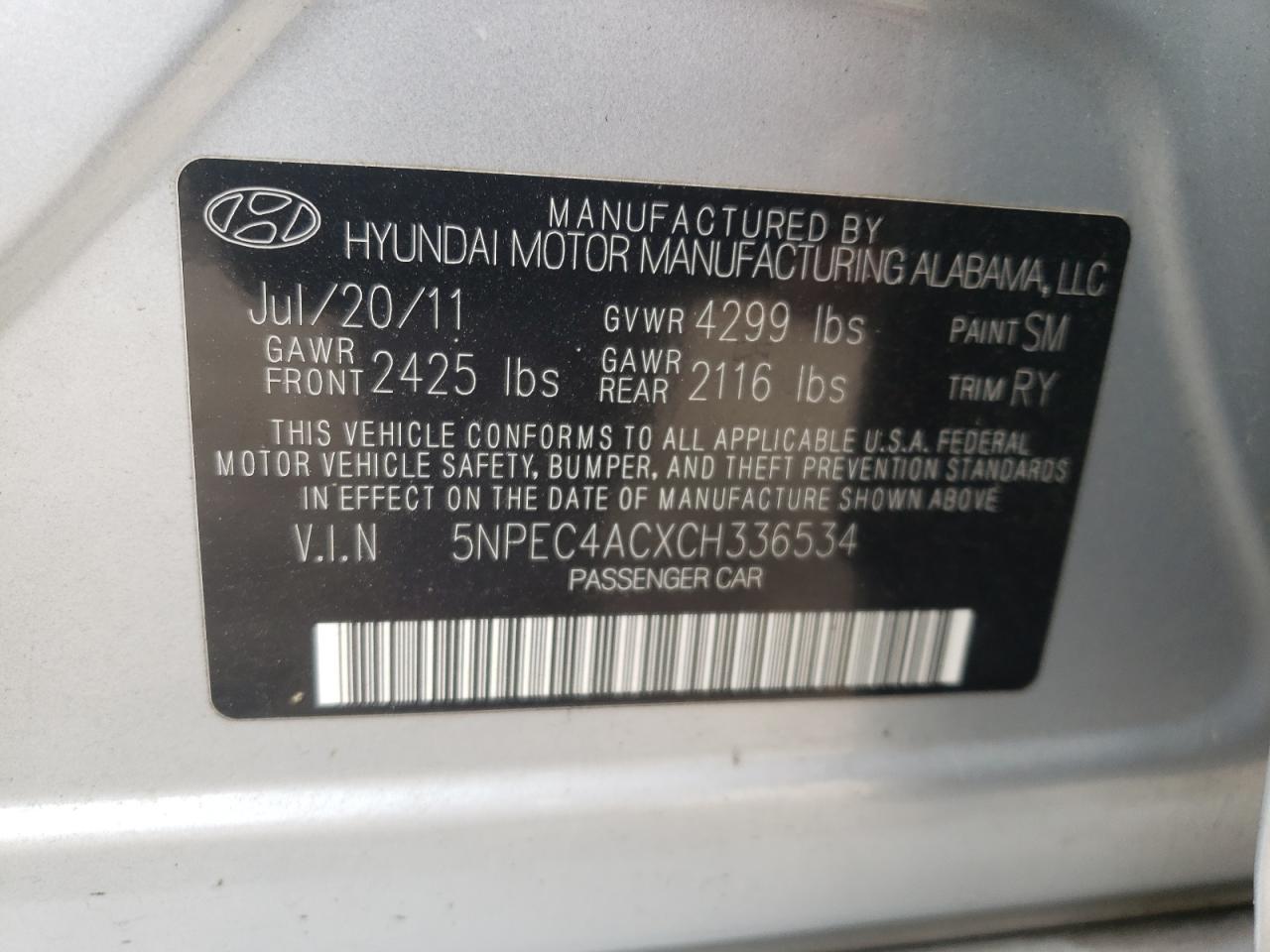 Photo 11 VIN: 5NPEC4ACXCH336534 - HYUNDAI SONATA 