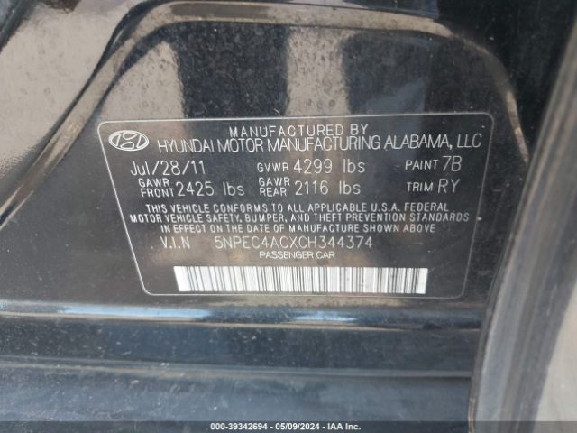 Photo 8 VIN: 5NPEC4ACXCH344374 - HYUNDAI SONATA 