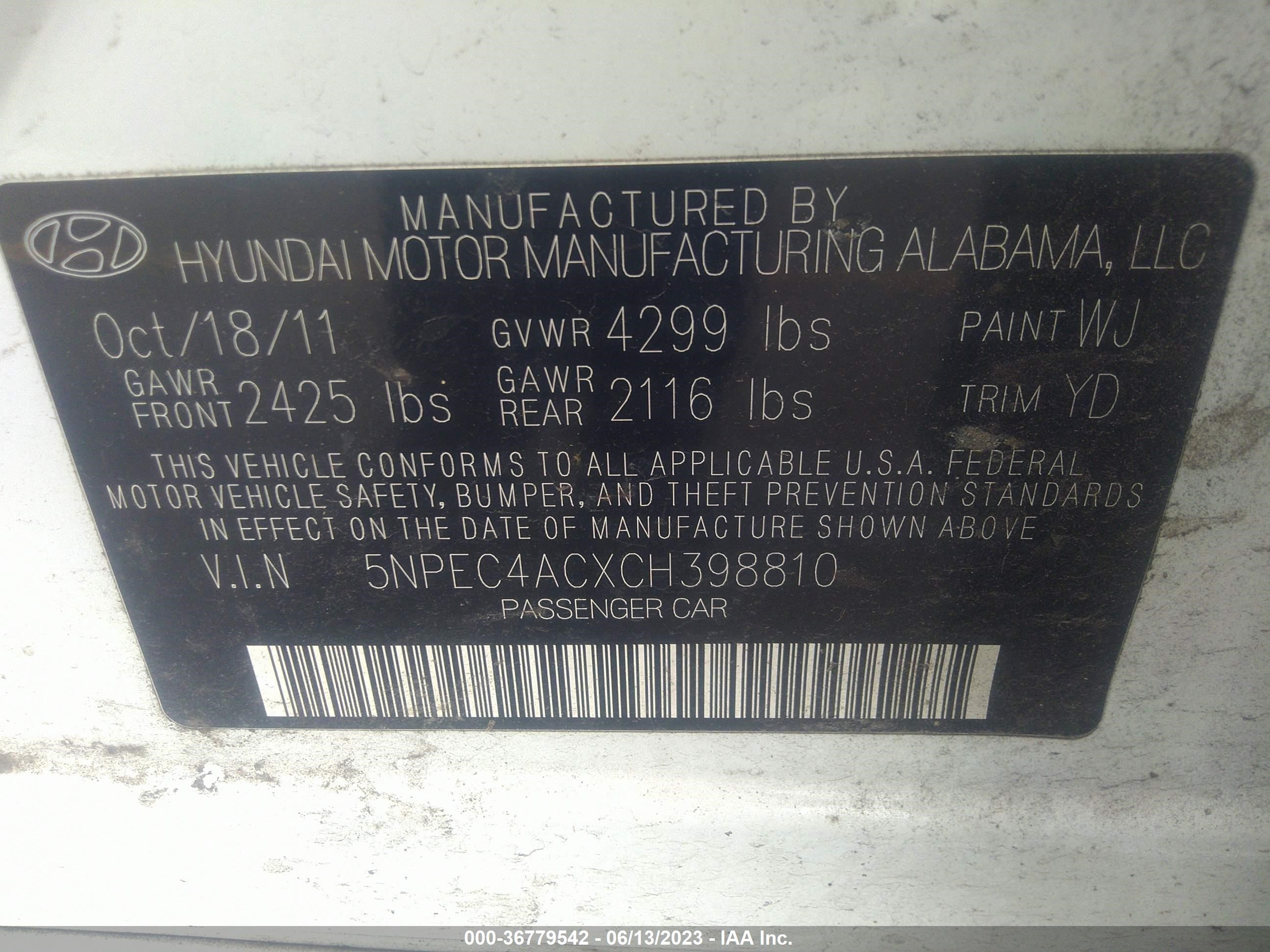 Photo 8 VIN: 5NPEC4ACXCH398810 - HYUNDAI SONATA 