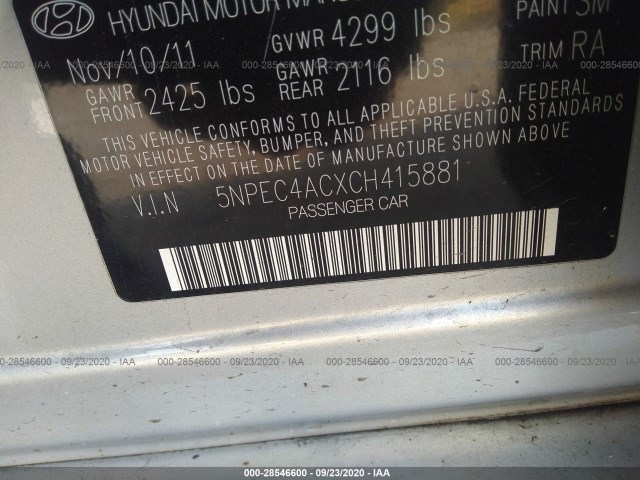 Photo 8 VIN: 5NPEC4ACXCH415881 - HYUNDAI SONATA 