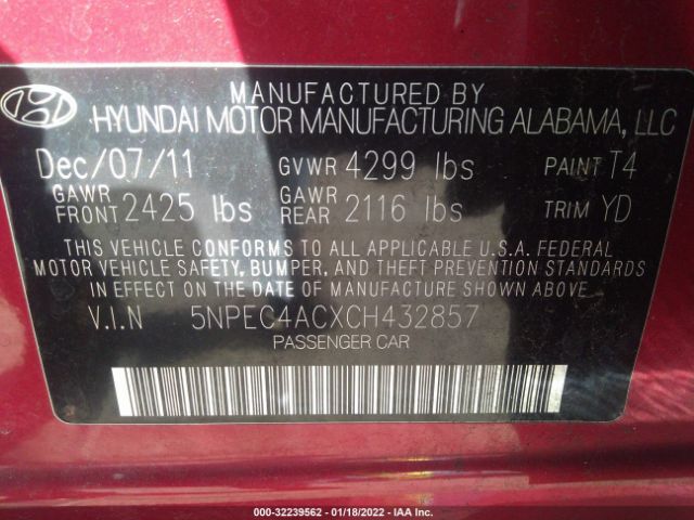 Photo 8 VIN: 5NPEC4ACXCH432857 - HYUNDAI SONATA 