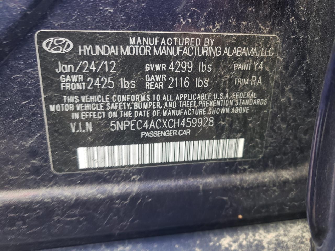 Photo 11 VIN: 5NPEC4ACXCH459928 - HYUNDAI SONATA 