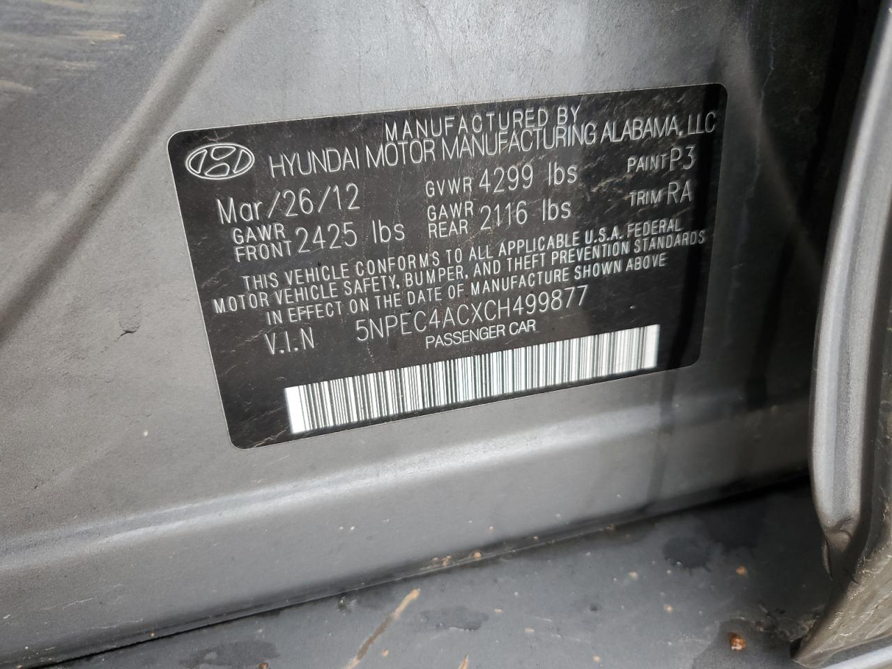 Photo 11 VIN: 5NPEC4ACXCH499877 - HYUNDAI SONATA 