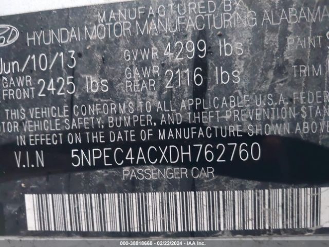 Photo 8 VIN: 5NPEC4ACXDH762760 - HYUNDAI SONATA 