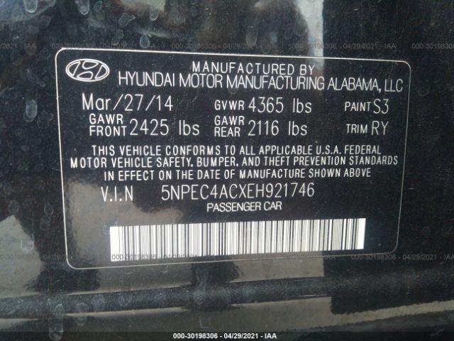 Photo 8 VIN: 5NPEC4ACXEH921746 - HYUNDAI SONATA 