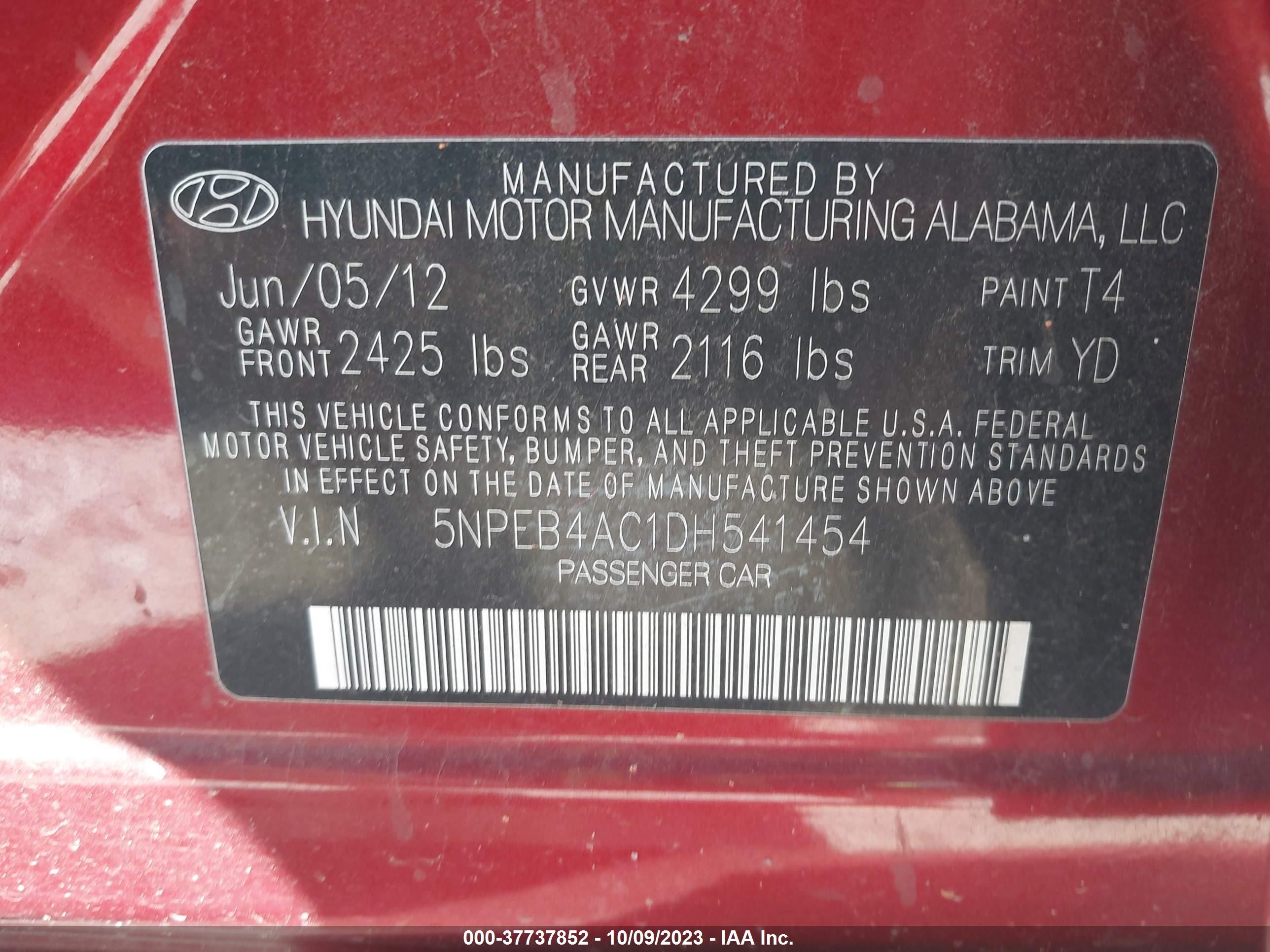 Photo 8 VIN: 5NPED4AC1DH541454 - HYUNDAI SONATA 