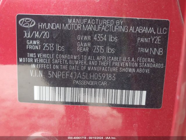 Photo 8 VIN: 5NPEF4JA5LH059183 - HYUNDAI SONATA 