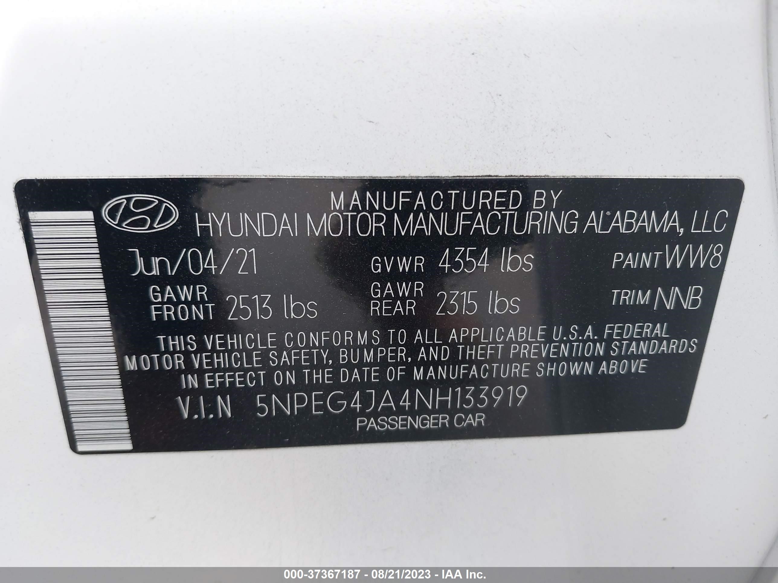 Photo 8 VIN: 5NPEG4JA4NH133919 - HYUNDAI SONATA 